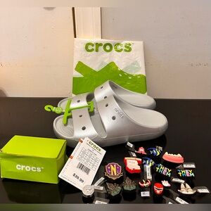 CROCS Kids' Silver Metallic Dual-Strap Slide Sandals